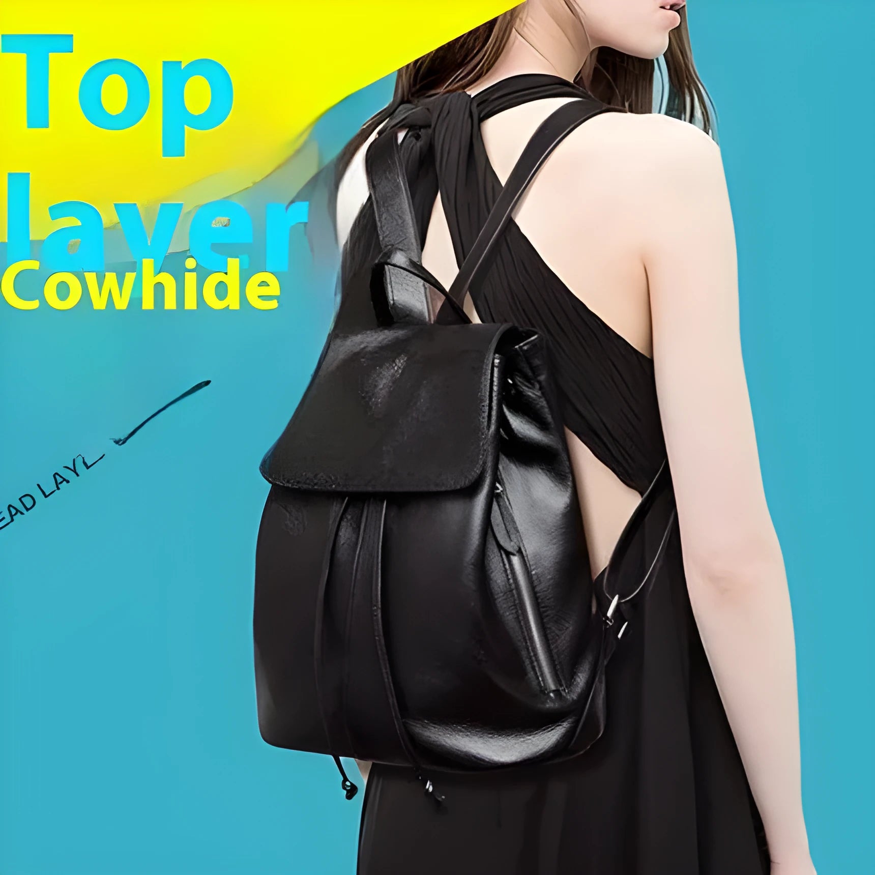 Black genuine leather women's backpack with Korean street trend design showing multiple compartments