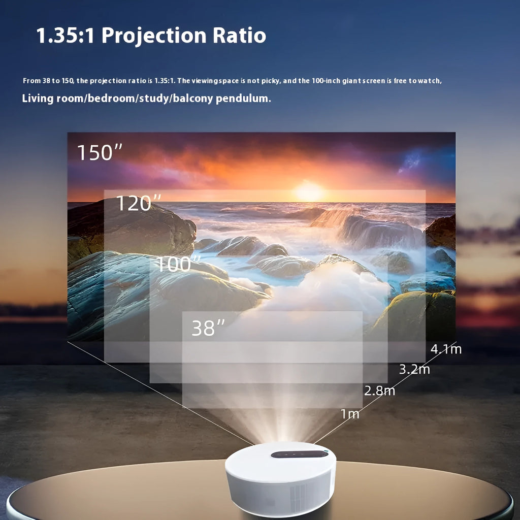 White HD home theatre projector with remote control showing 720p resolution display