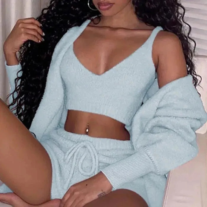 Women's Long Sleeve Crop Tank Top and Drawstring Shorts Pajama Set, Velvet Pants Suit in Multiple Colours White Pink Orange Purple Gray, Available in Asian Sizes S to XXXL for Sleepwear Loungewear