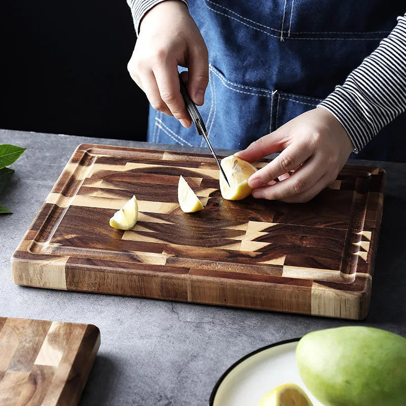 Brown acacia solid wood cutting board showing 3cm thickness edge