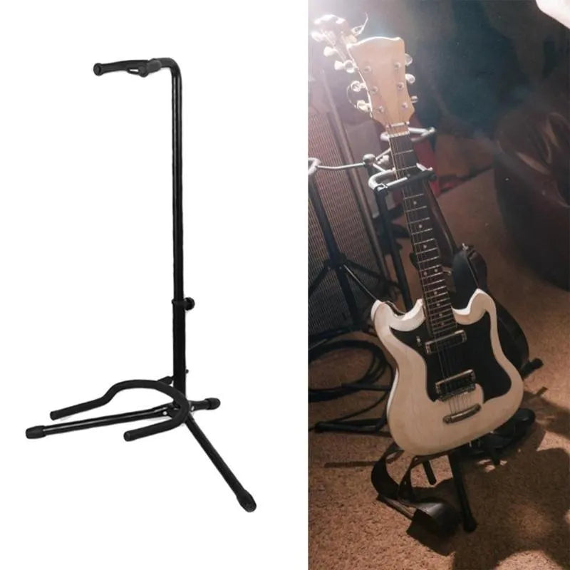 Black folding guitar stand holding an acoustic guitar, showing rubber contact points on neck and body supports.