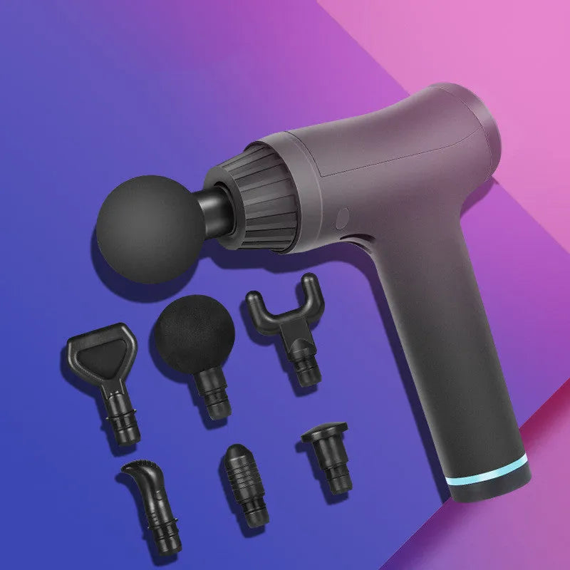 Black fascia gun physiotherapy instrument with 4 massage heads, 30 speed settings, compact 22cm design.