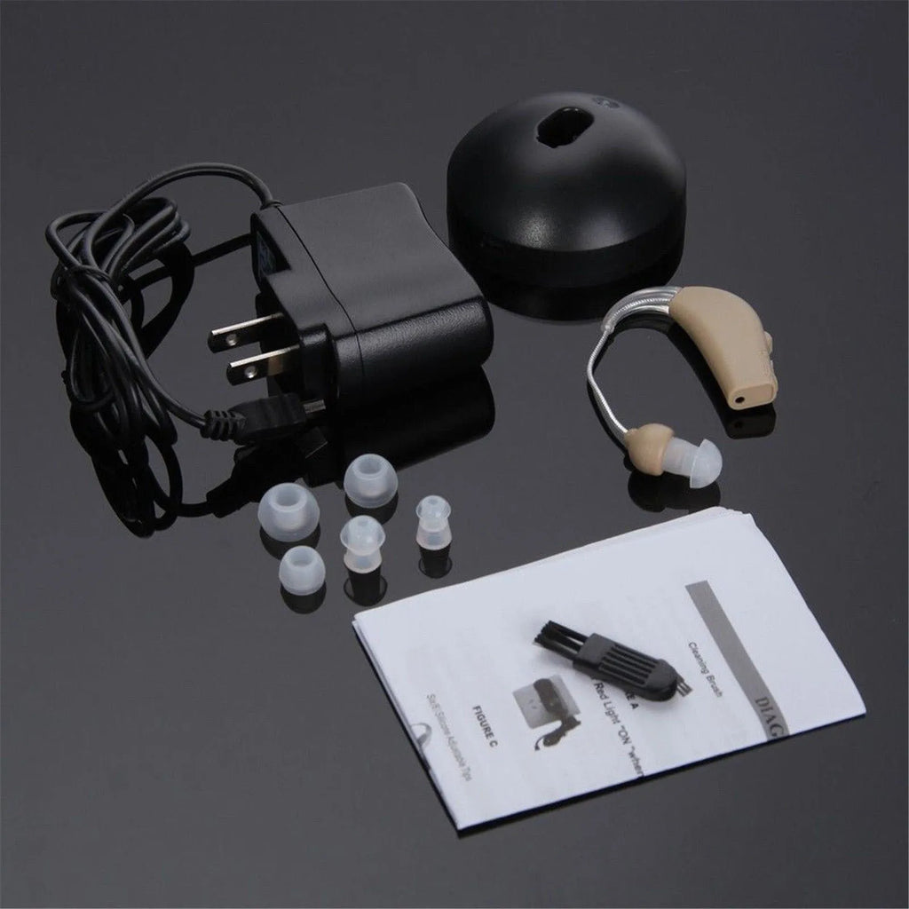 Rechargeable behind the ear hearing aid amplifier with Mini ear receiver and wireless charging case.