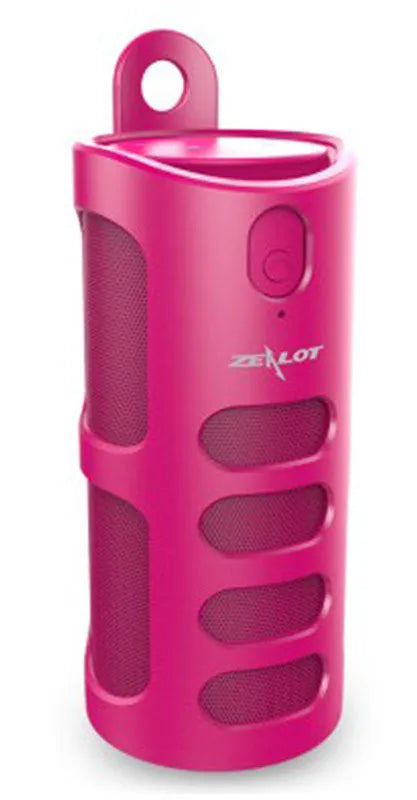 Compact portable Bluetooth speaker in black, blue, or red, showing control buttons for calls and music.