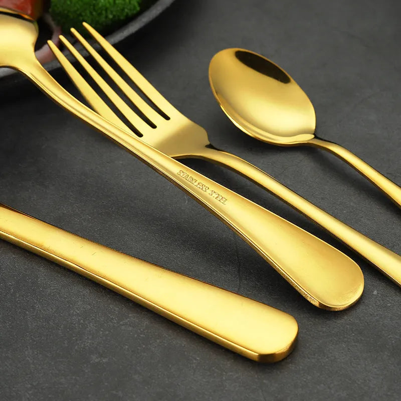 24-piece stainless steel tableware set showing knives, forks and spoons in multiple colour options