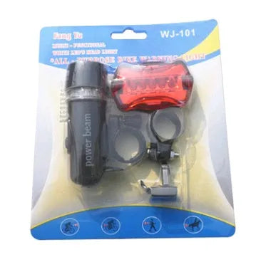 Black LED bicycle safety light set showing headlight, tail light, and clip-on back