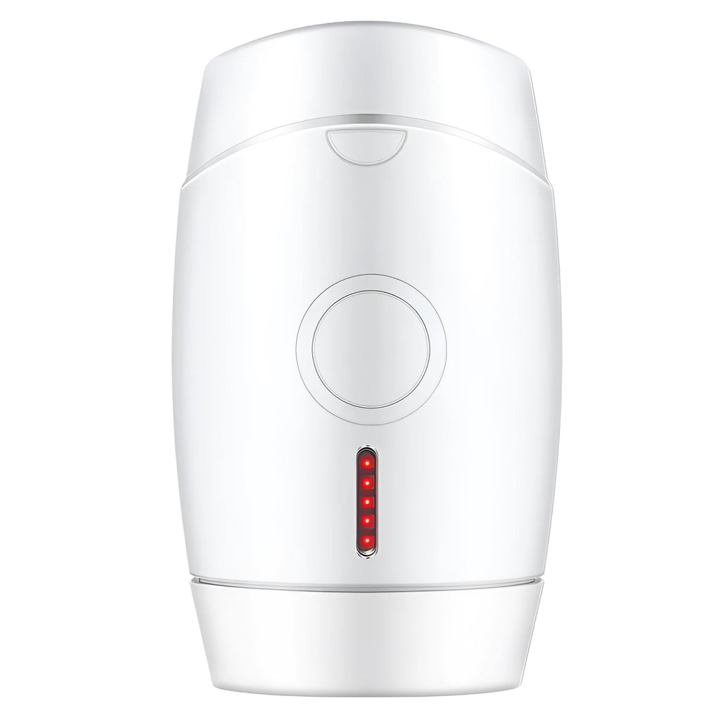 White home laser hair removal instrument unit showing compact handheld design and control panel.