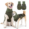 Dog wearing army green anti-anxiety jacket with calming vest design