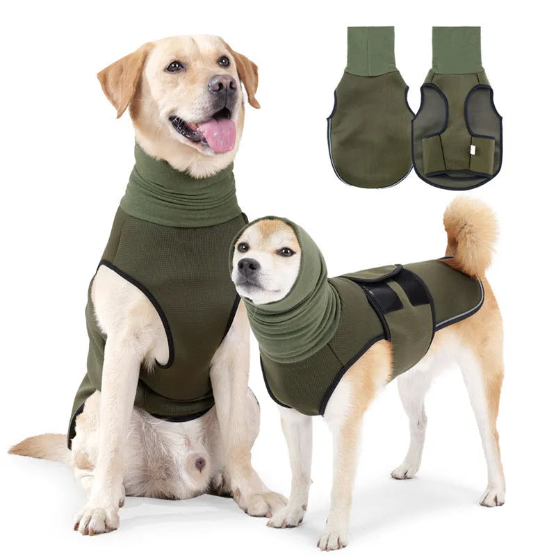 Dog wearing army green anti-anxiety jacket with calming vest design