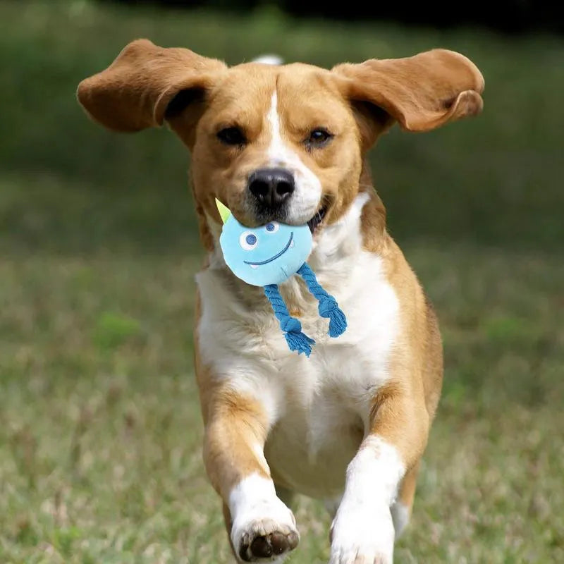 Yellow and blue knotted rope dog squeaky toy with cotton construction