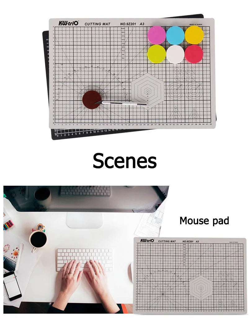 Green A3 self-healing cutting mat with centimetre grid for craft knives on a desk