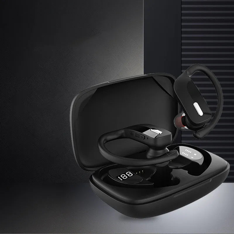 Black wireless Bluetooth headset with LED digital display showing battery and connection status