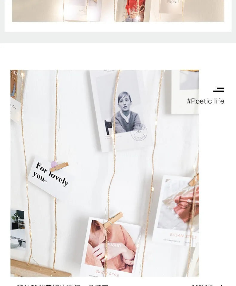 Wooden wall hanging photo display with hemp rope tassels and clips in three size options