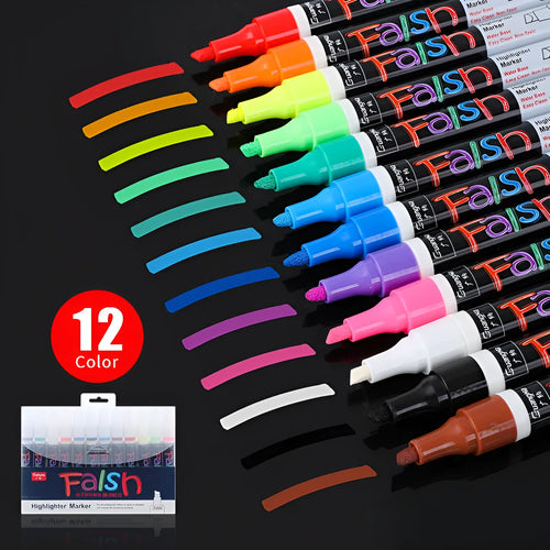 8-colour and 12-colour electronic fluorescent board highlighter pen with 6mm oblique tip on a card.