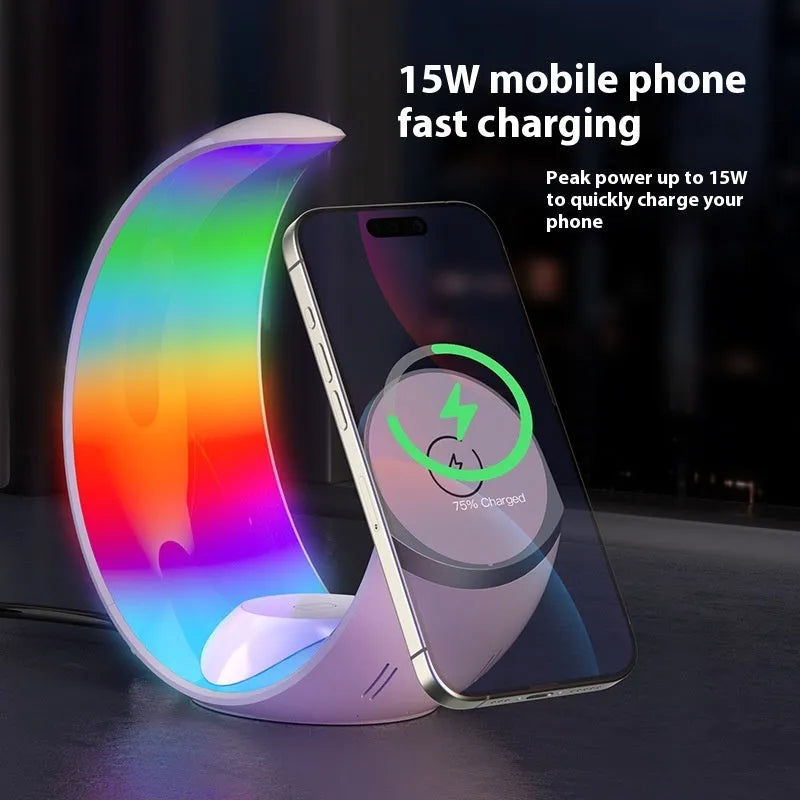White wireless ambience light and fast charger with Type-C port for mobile devices