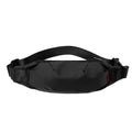 Black Oxford cloth men's crossbody waist pack showing front zipper and interior organisation pockets.