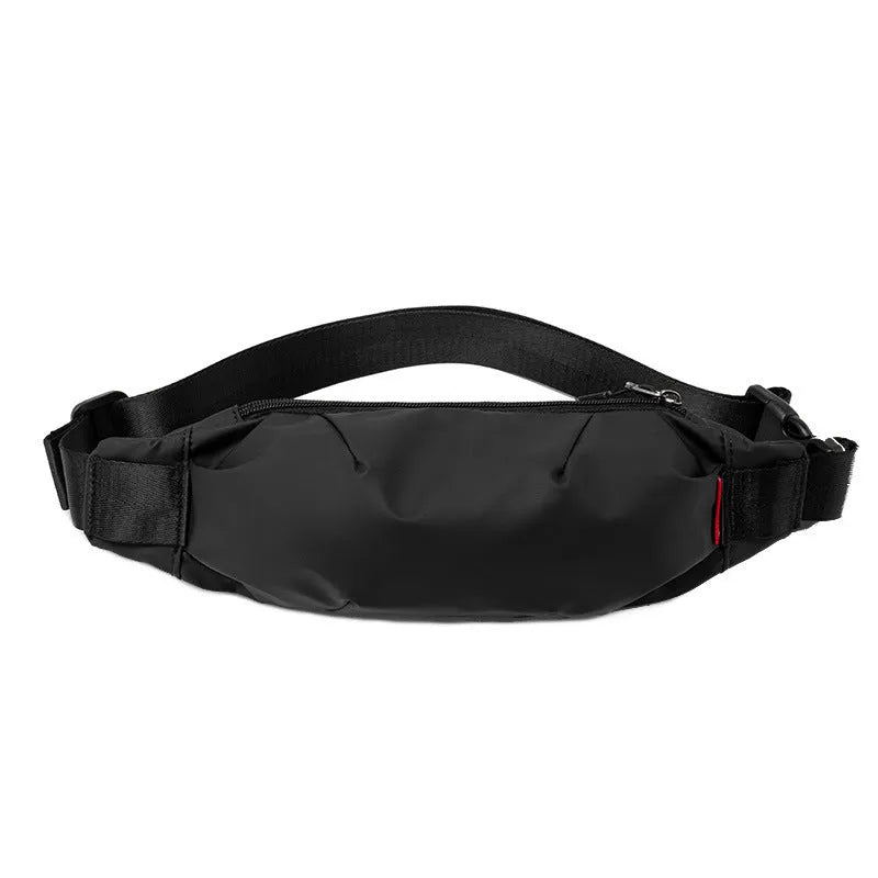 Black Oxford cloth men's crossbody waist pack showing front zipper and interior organisation pockets.