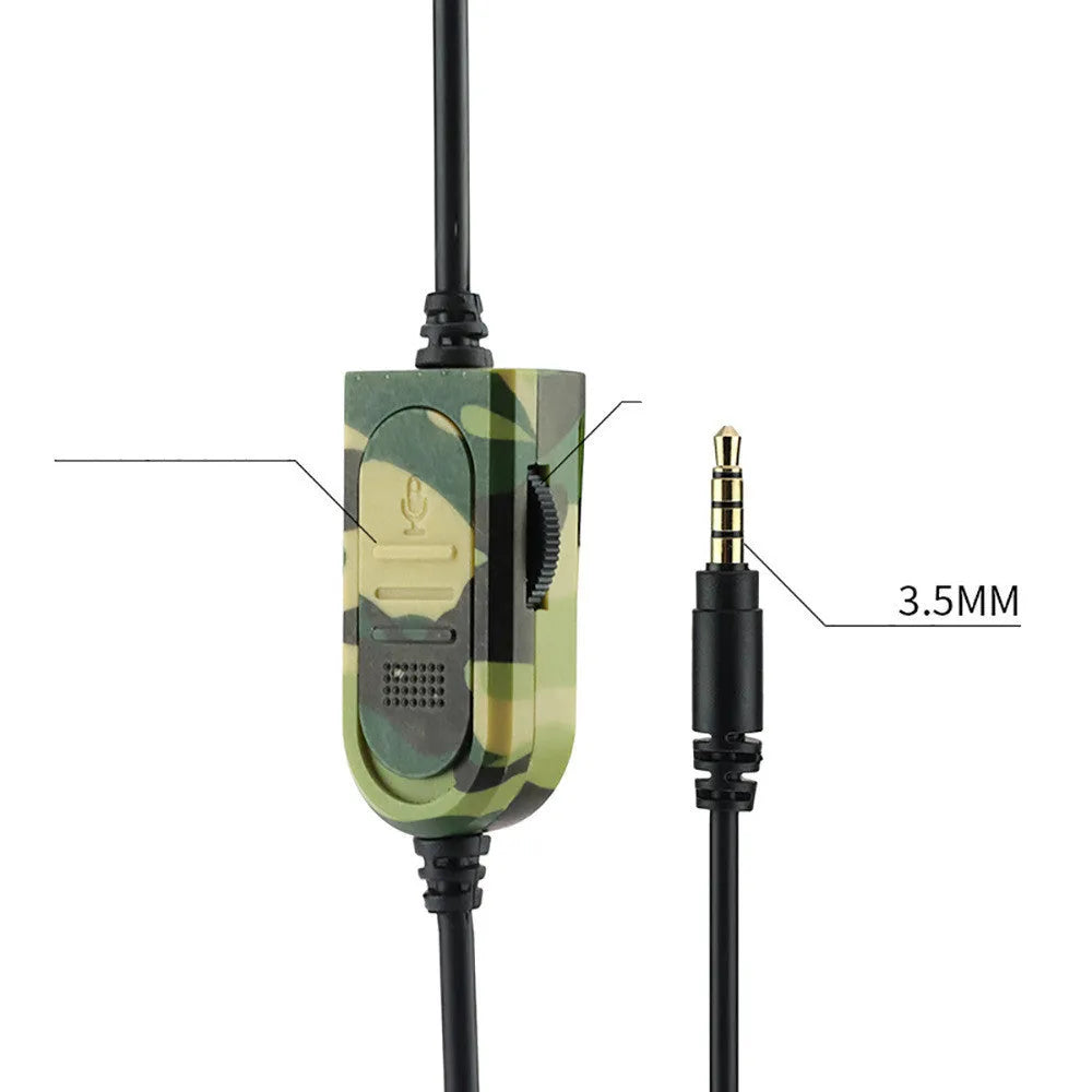 Army green camouflage wired gaming headset with over-ear design and black cable
