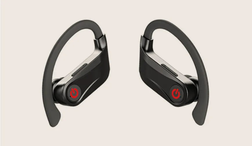 Black wireless Bluetooth in-ear headset with two earbuds on a white background.
