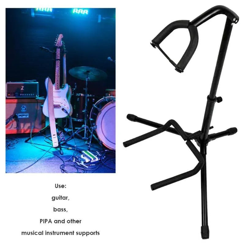 Black folding guitar stand holding an acoustic guitar, showing rubber contact points on neck and body supports.