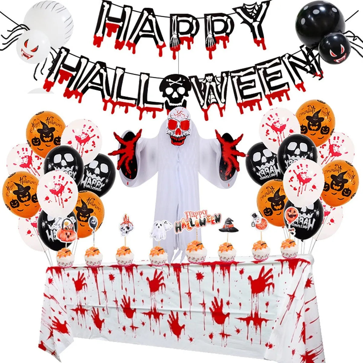 Halloween spider balloon arch decoration set with skull and pumpkin balloons in white and black colours