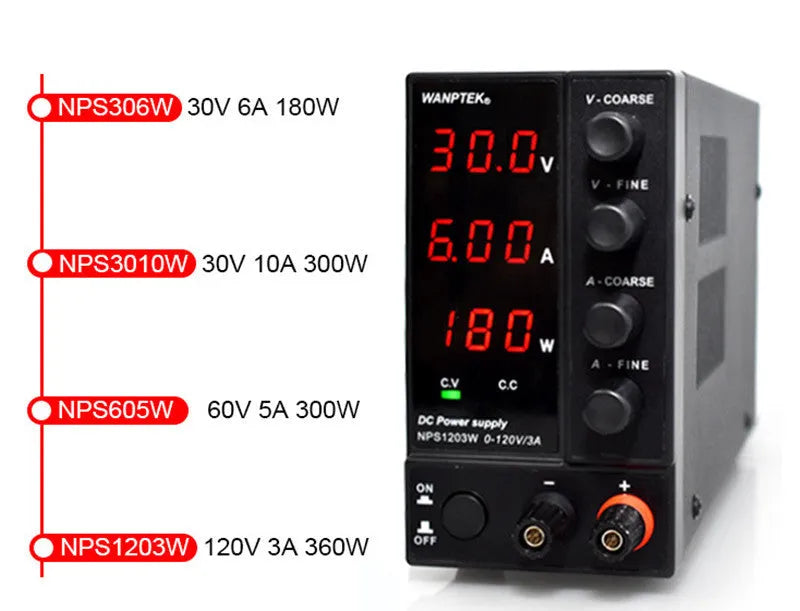White S605W adjustable DC laboratory bench power supply unit with voltage and current dials.