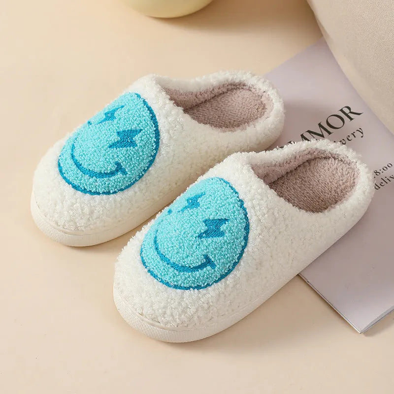 Womens plush cartoon slippers with a round toe and non-slip PVC sole in various colour designs.