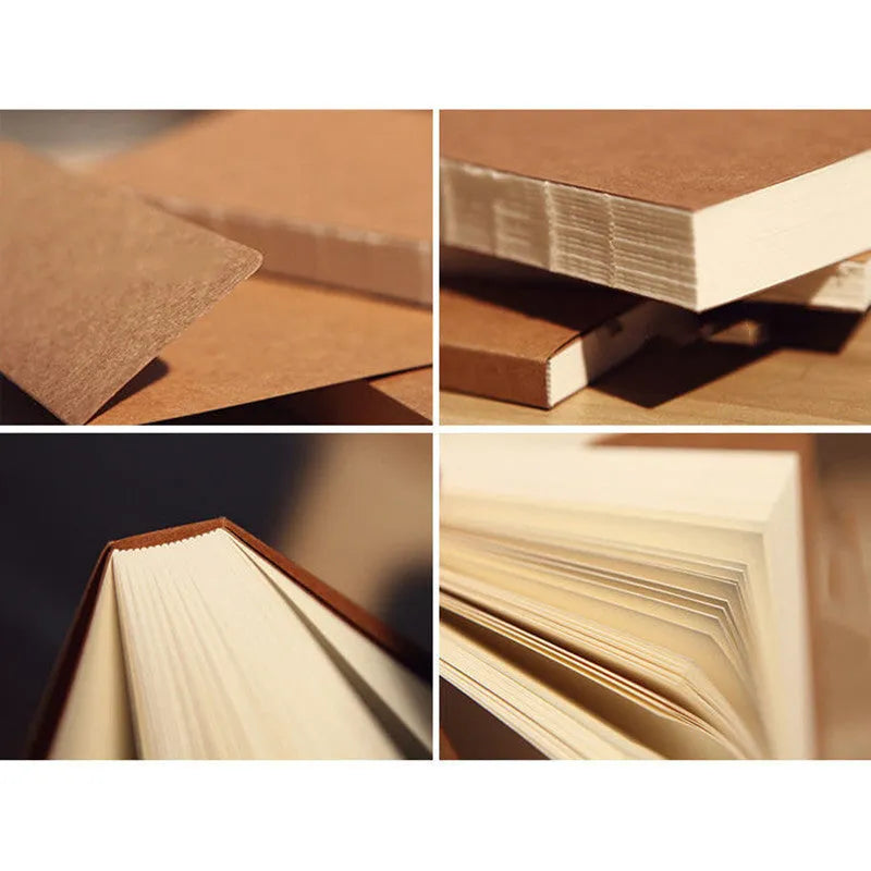 Brown kraft paper sketchbook with wireless binding open to show drawing pages