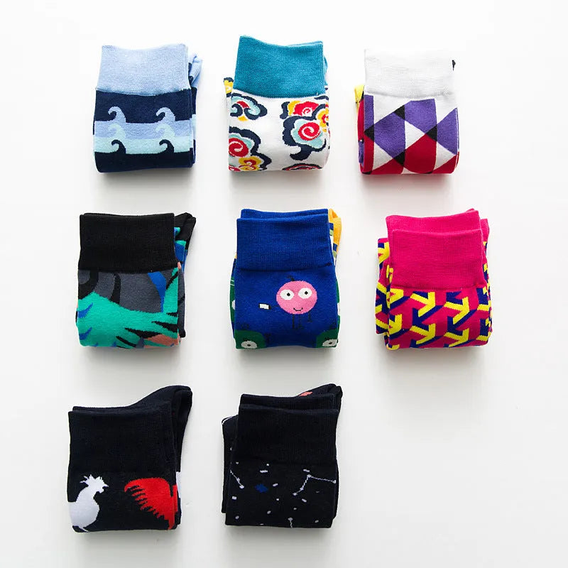 Pair of funny chicken geometry pattern cotton short socks in multicolour design on white background