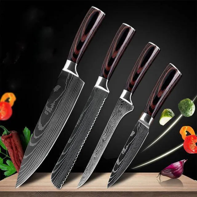 Kitchen knife set with 7Cr17 steel blades showing laser Damascus patterns and coloured wood handles