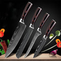 Kitchen knife set with 7Cr17 steel blades showing laser Damascus patterns and coloured wood handles