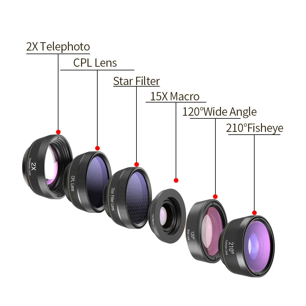 Black universal 6 in 1 smartphone camera lens kit showing fisheye, macro, wide-angle, telephoto, CPL and star filters with clip and case.