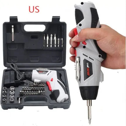 4.8V rechargeable electric screwdriver set with 180° rotating handle and battery indicator light in blue colour on white background