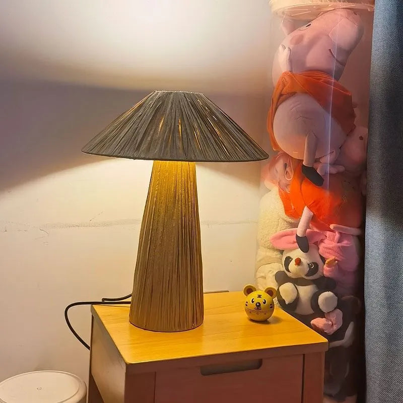 Japanese-style hand-woven bamboo hat table lamp with 38cm rope shade on wooden surface