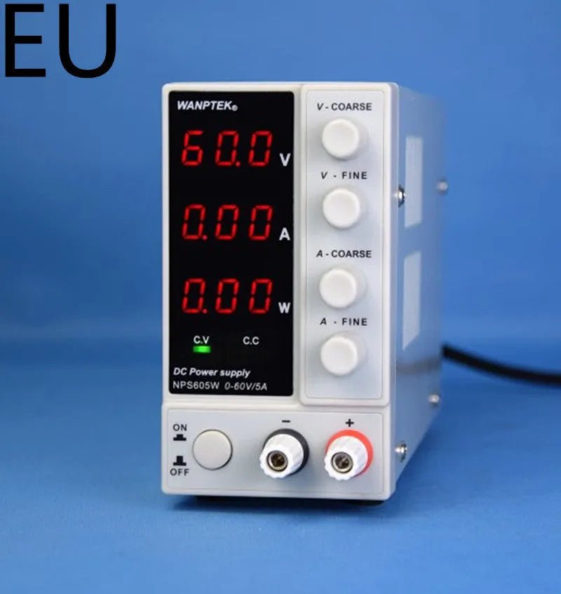 White S605W adjustable DC laboratory bench power supply unit with voltage and current dials.