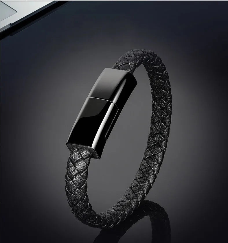 Brown leather bracelet with integrated 22.5cm charging cable and Micro USB connector
