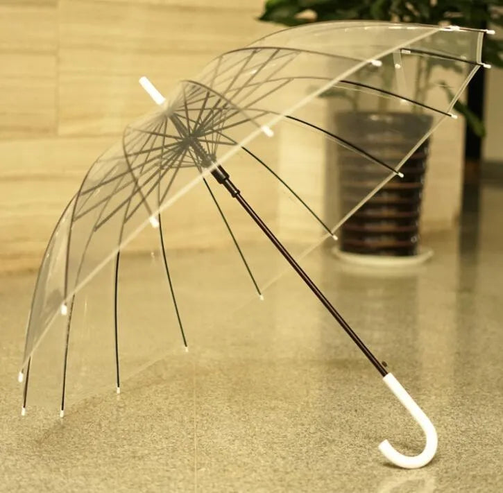 Clear long-handled transparent umbrella with a black curved handle and 16-rib frame on a white background.