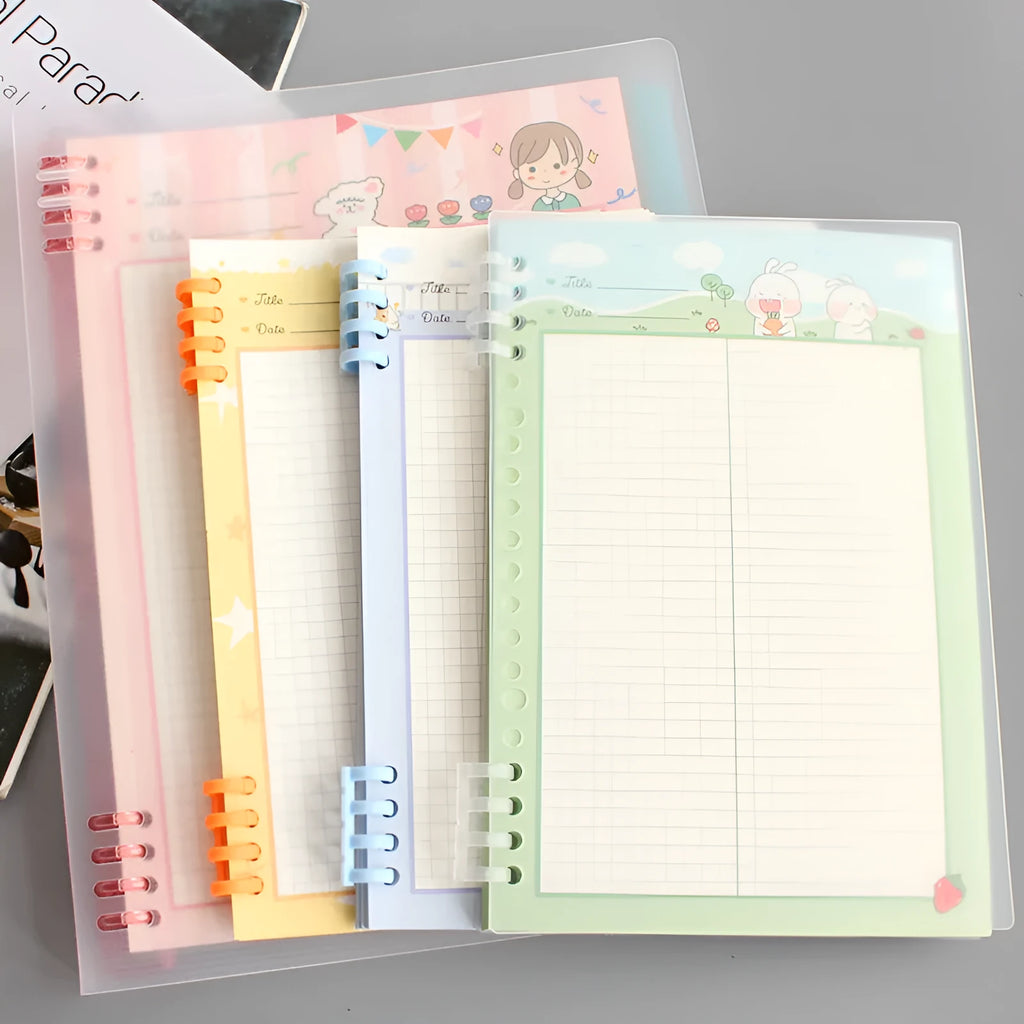 Colourful B5 loose-leaf refill paper packs with cartoon designs and PP shells