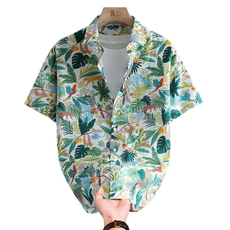 Men's casual Hawaiian style floral print cotton cardigan shirt in summer colours