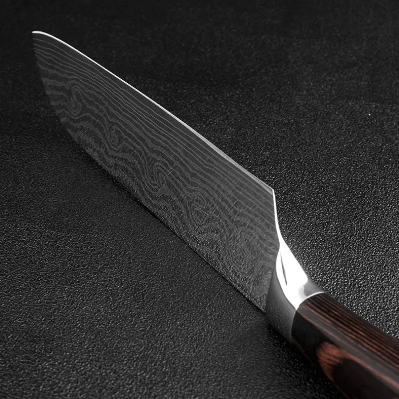Kitchen knife set with 7Cr17 steel blades showing laser Damascus patterns and coloured wood handles