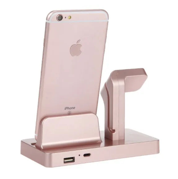 White charging dock station holding iPhone and Apple Watch with cable