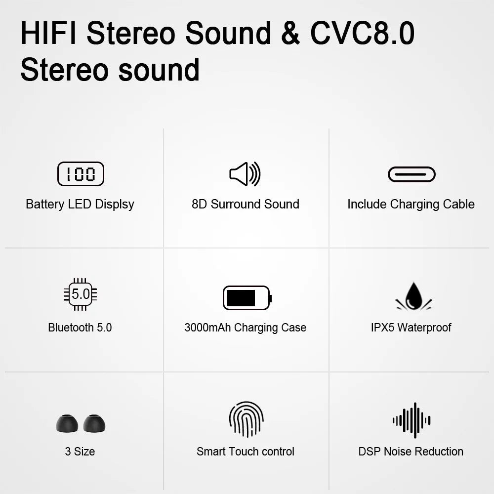 Black TWS Bluetooth wireless earbuds with 15m range and stereo sound