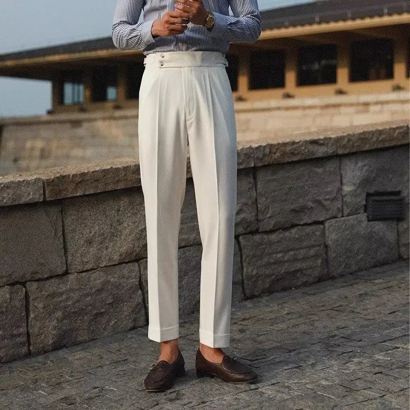 Slim fit suit trousers in straight leg design available in black, white and apricot colours
