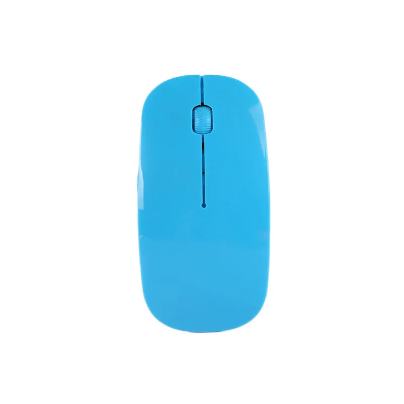 Ultra-thin wireless computer mouse shown in multiple colour options: black, blue, green, pink, red, and white.