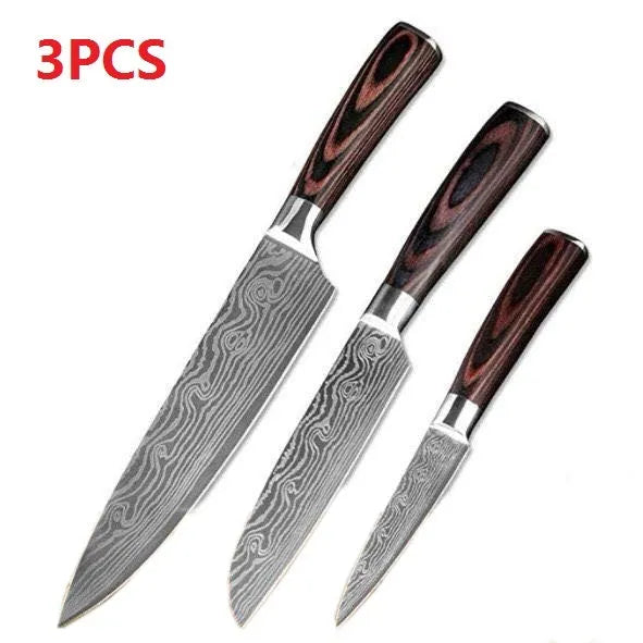 Kitchen knife set with 7Cr17 steel blades showing laser Damascus patterns and coloured wood handles