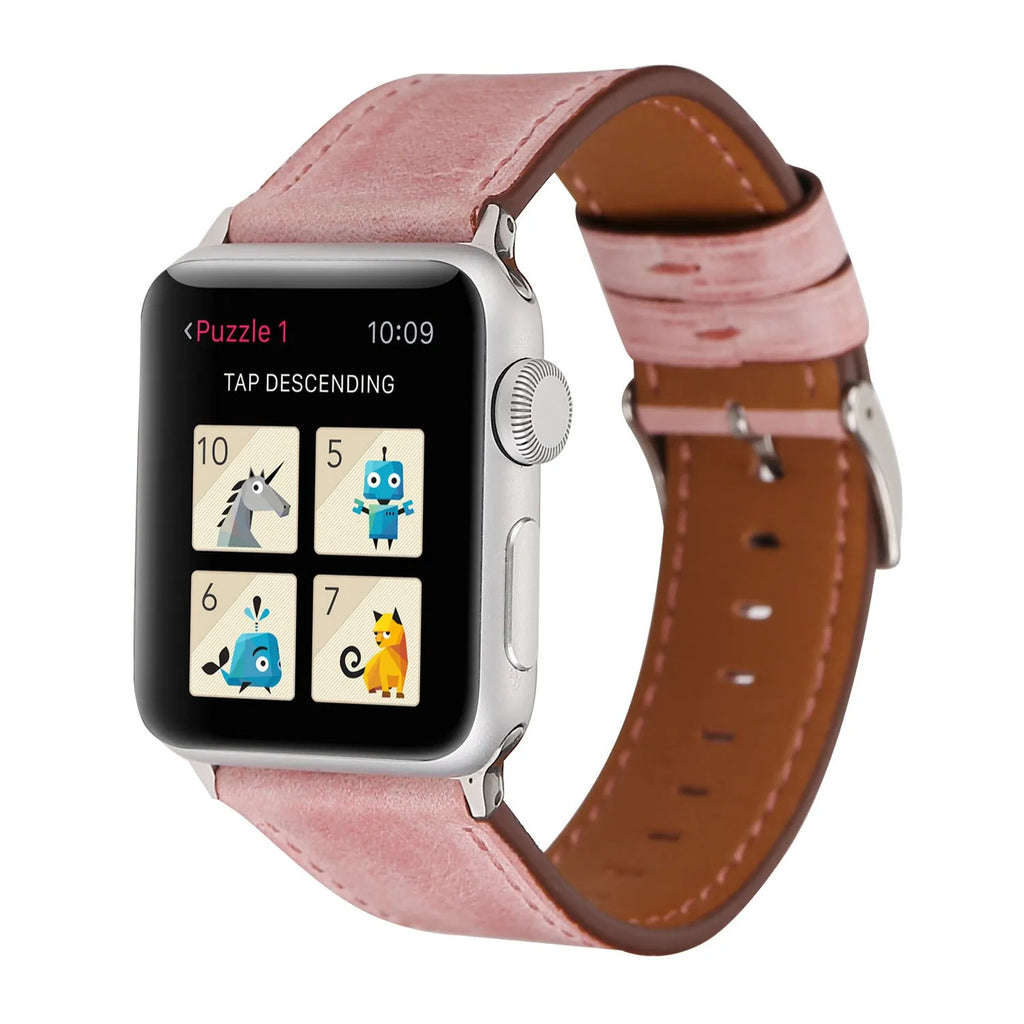 Leather watch strap with folding buckle shown in multiple colour options.