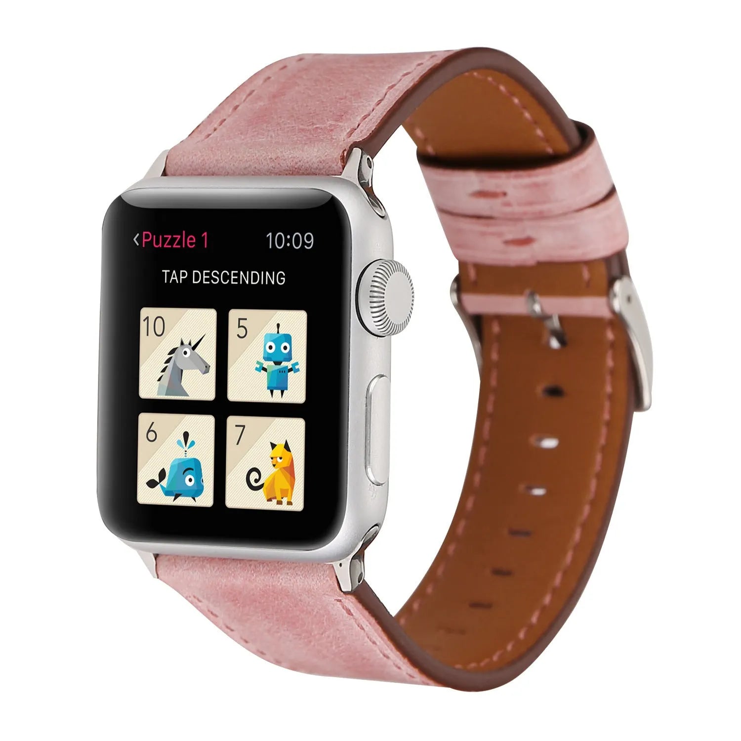 Leather watch strap with folding buckle shown in multiple colour options.