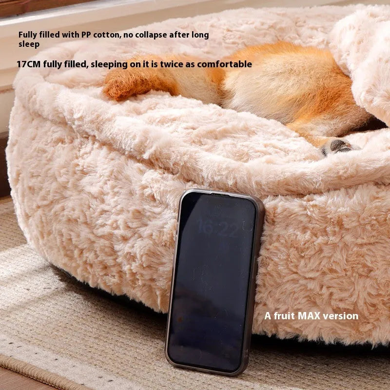 Round milk tea colour pet bed with removable washable cover in four sizes