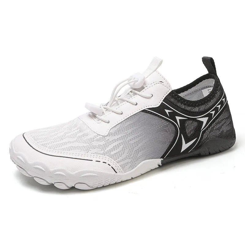 Five finger non-slip upstream shoes in army green colour with lycra upper and rubber sole for hiking and wading.