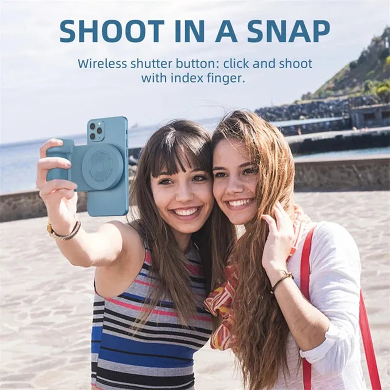 Black magnetic camera handle bracket holding smartphone with rotatable design and ergonomic grip